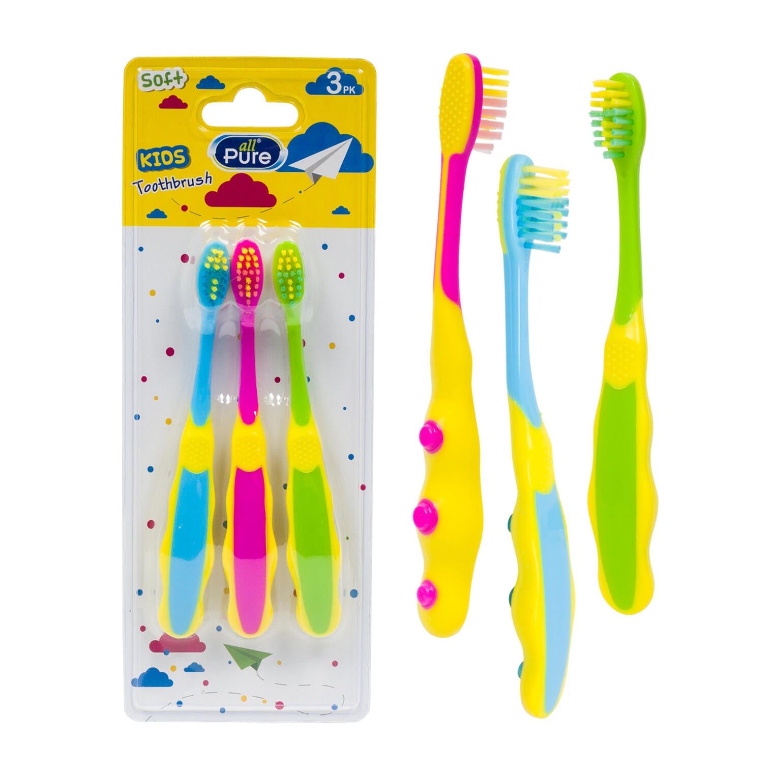 3 Pack Plastic Kids Toothbrush- 3 Assortments