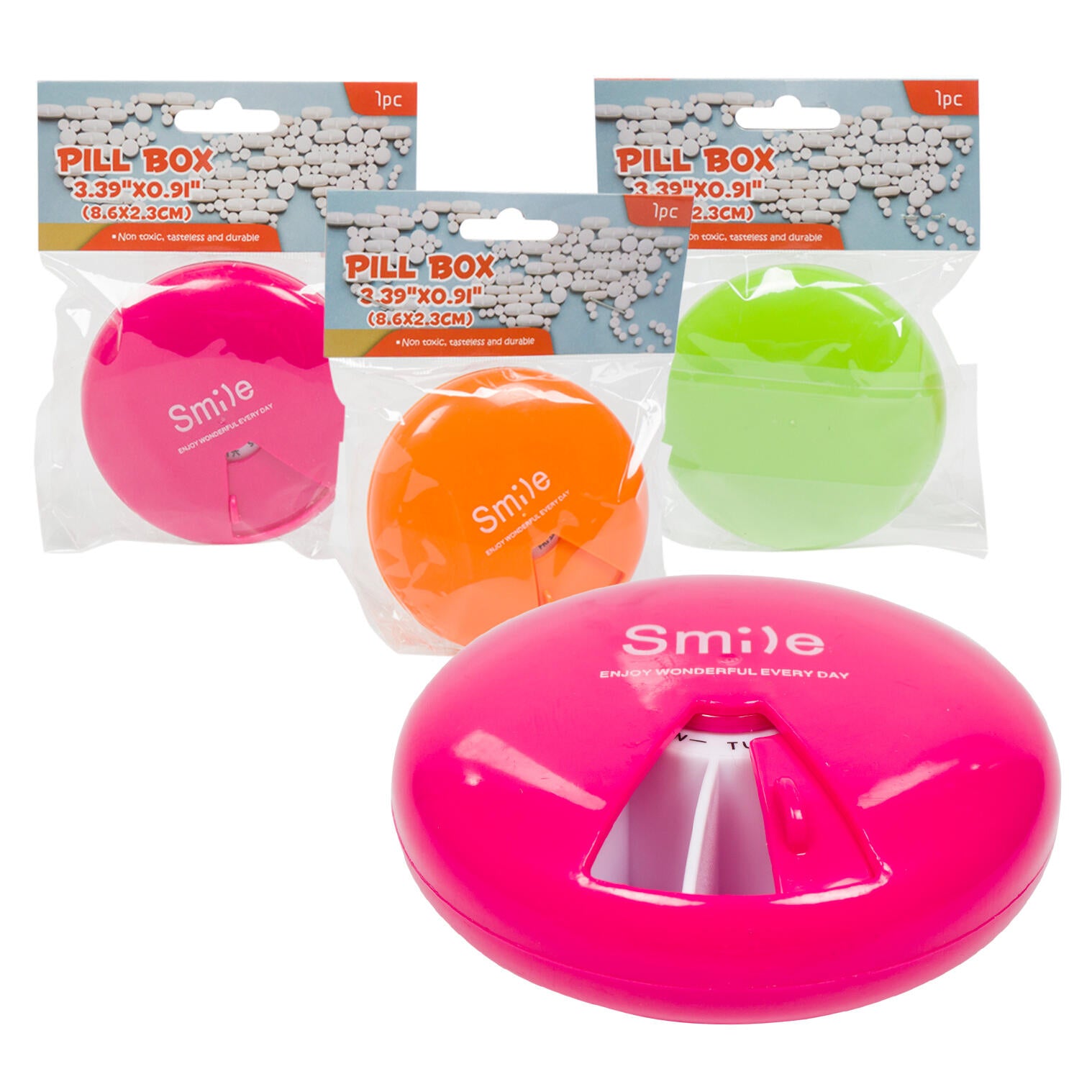 7 Day Pill Box- 3.4" D- 3  Assorted Colors One Each
